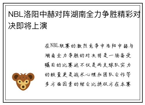 NBL洛阳中赫对阵湖南全力争胜精彩对决即将上演